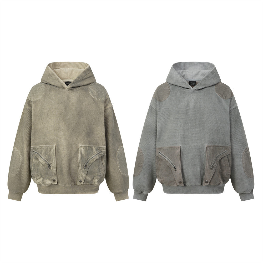 Sweat à capuche homme en maille gaufrée délavée à l’acide, oversize, avec poches cargo zippées