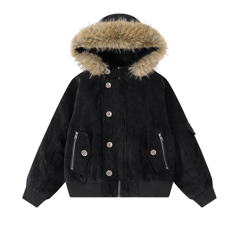 Fur-Trim Hooded Bomber Jacket – Padded Velvet Cotton Vintage American Style