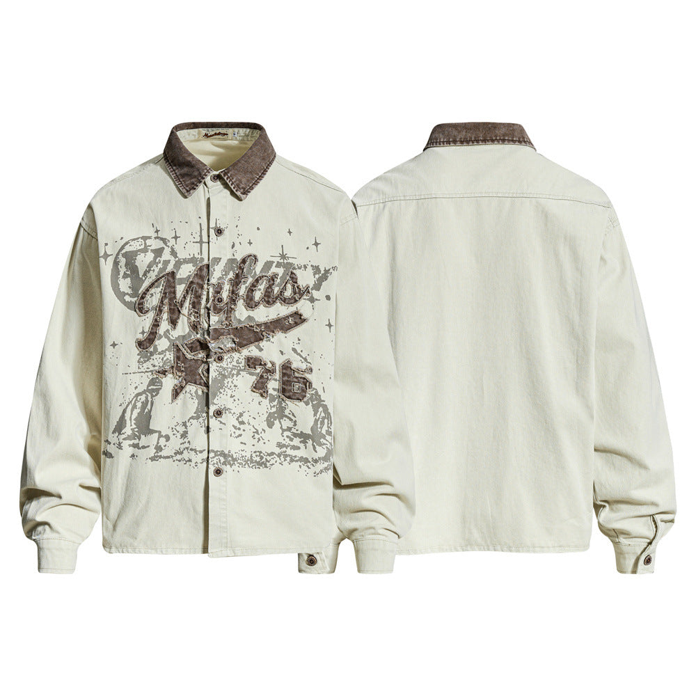 Cream oversized button-up shirt with brown collar, front and back views shown