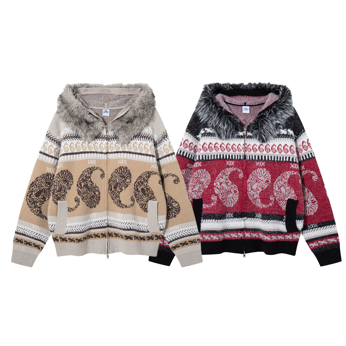 Paisley Fair Isle Knit Zip-Up Hoodie with Faux Fur Trim