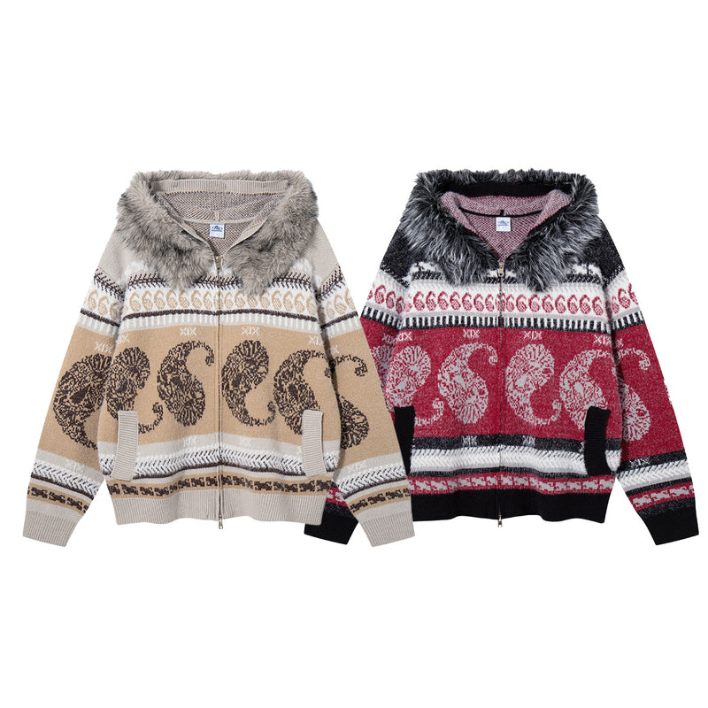 Paisley Fair Isle Knit Zip-Up Hoodie with Faux Fur Trim