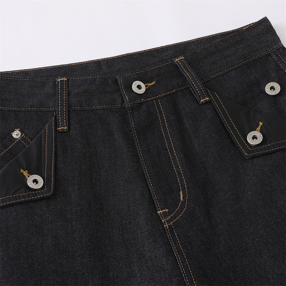 Men's Black Cargo Denim Jeans Wide-Leg Straight Fit with Large Pockets