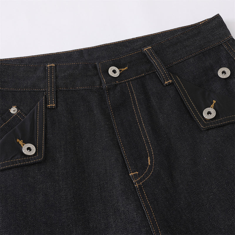 Men's Black Cargo Denim Jeans Wide-Leg Straight Fit with Large Pockets