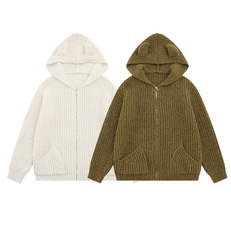 Sweater Zip Up Hoodie Bear Ear Knit Cardigan with Front Pockets