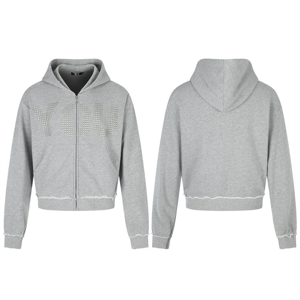 Sweat à capuche zippé « YOU » orné de perles – Sweat gris en molleton à ourlet brut