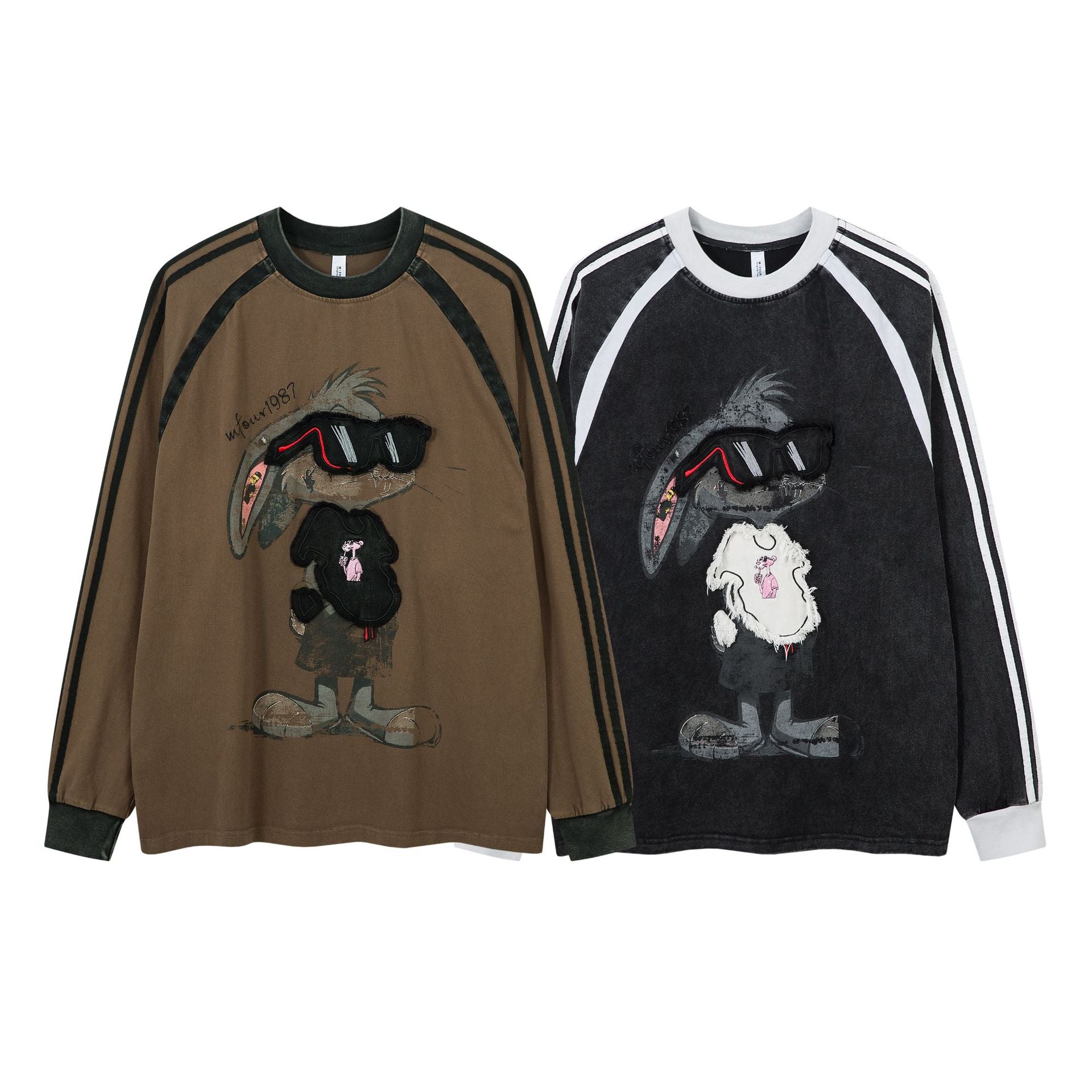 T-shirt graphique à manches longues – Imprimé écusson lapin streetwear, rayures et manches raglan
