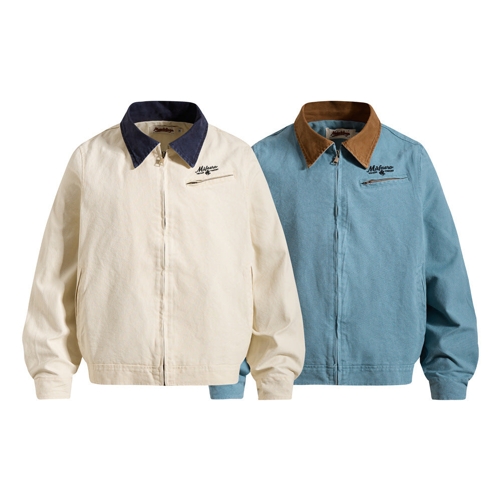 Men's Canvas Workwear Zip Jacket with Contrast Corduroy Collar