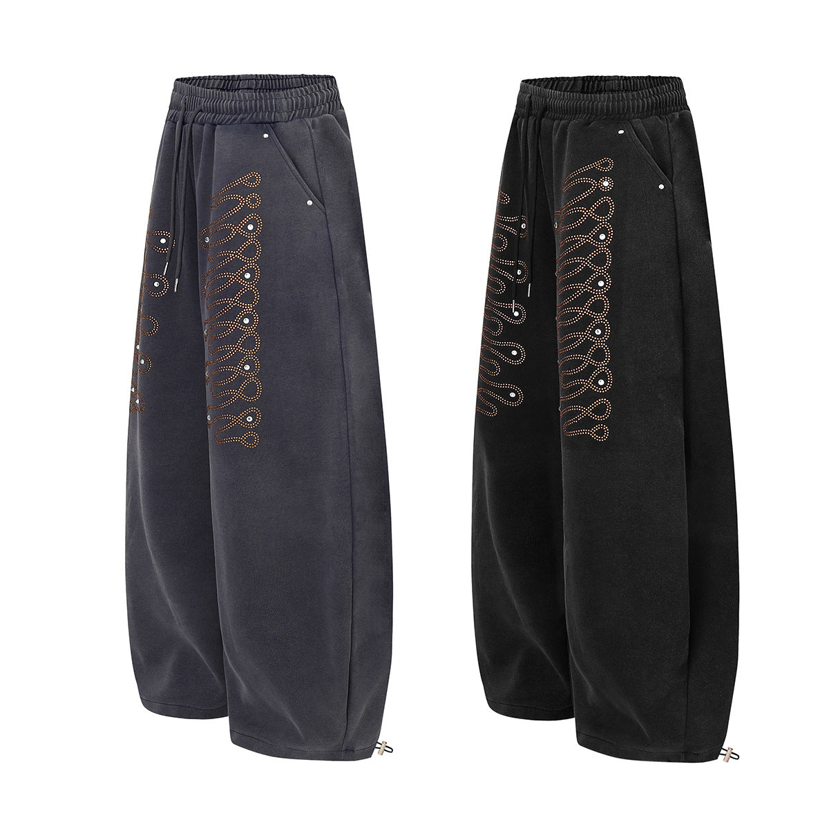 Wide-Leg Sweatpants with Rhinestone Flame Detail, Washed Vintage Finish