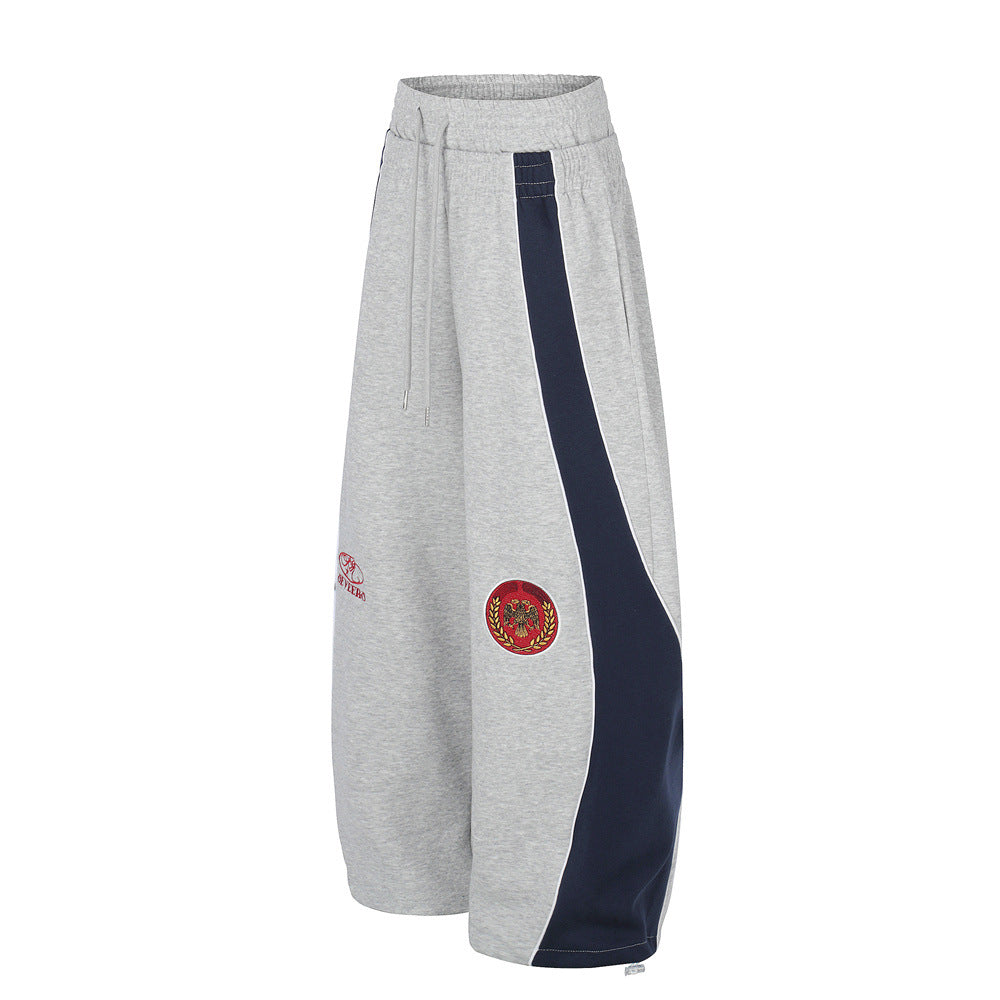Colorblock Wide-Leg Sweatpants with Eagle Emblem & Faux Double Waistband
