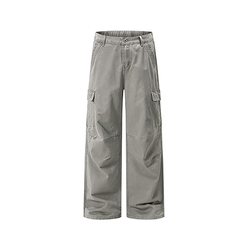 Light gray wide-leg cargo pants with side flap pockets, front view