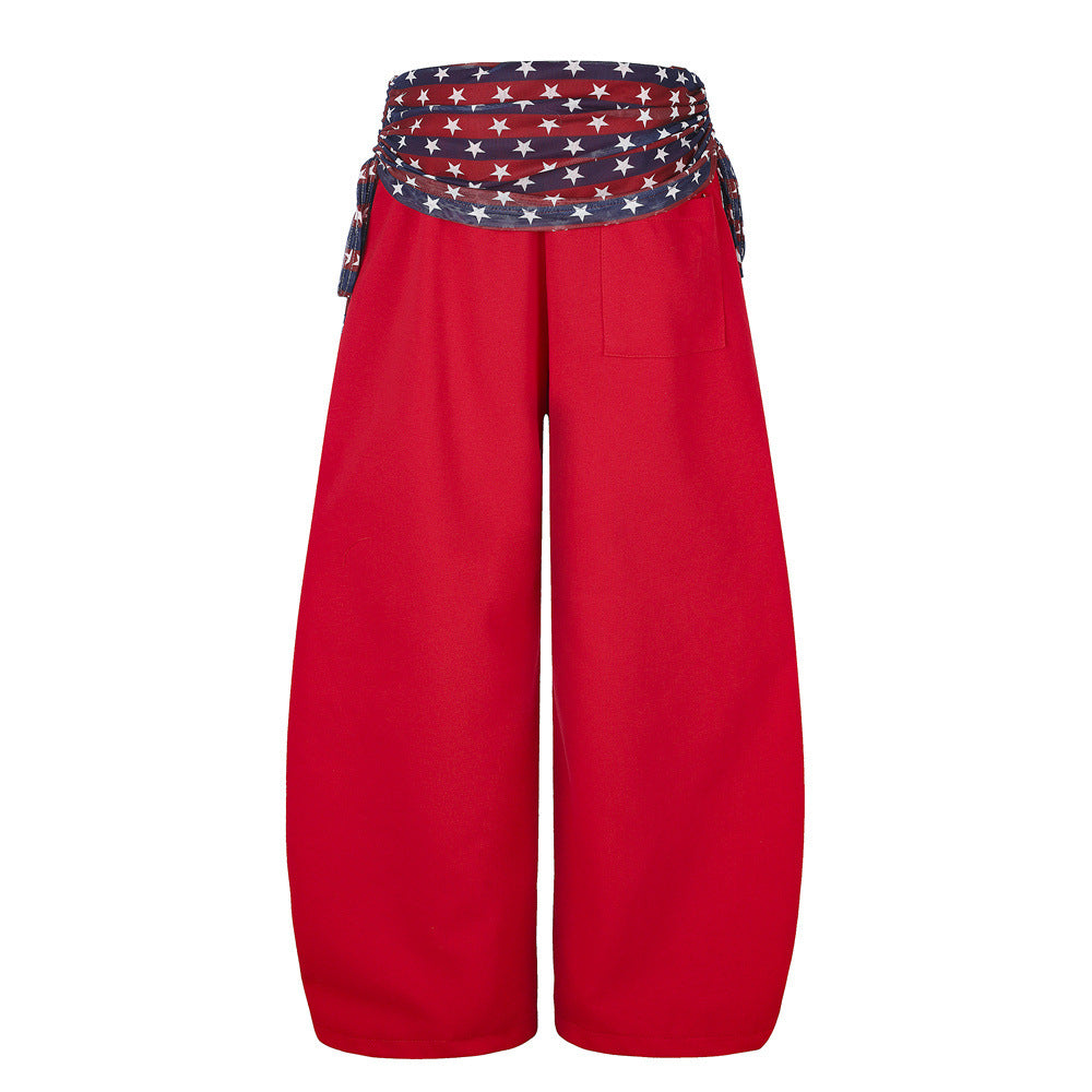 Wide-Leg Star & Stripe Waistband Pants with Side Drawstring Detail