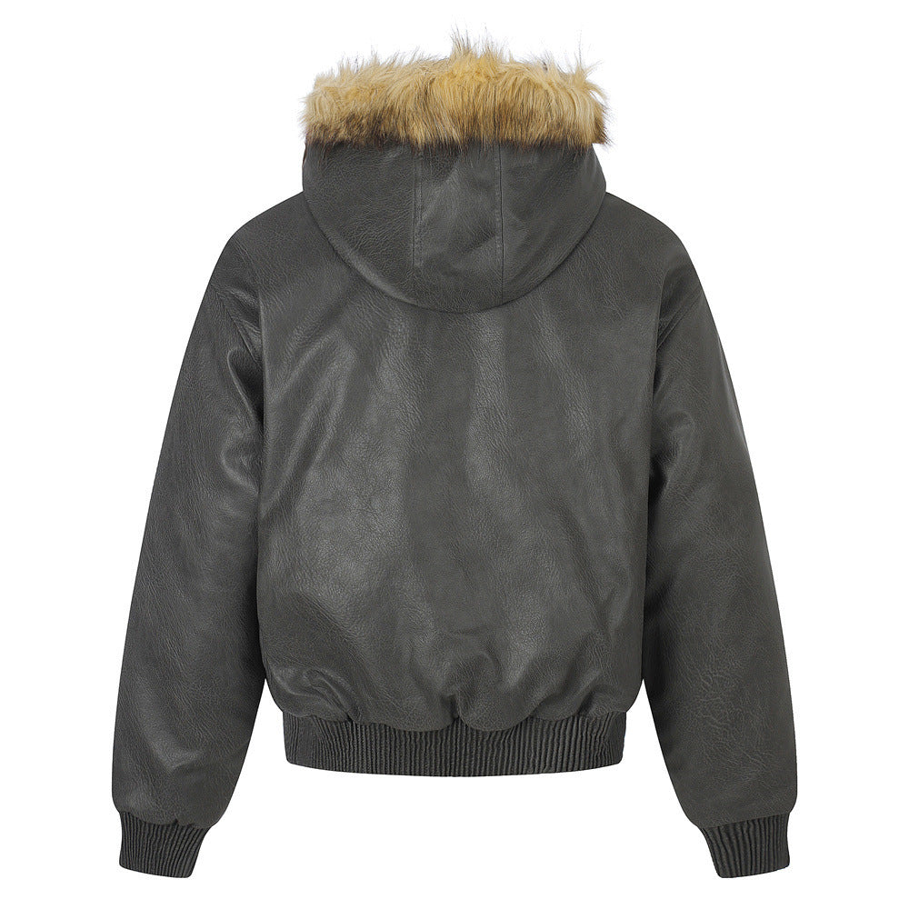 Punk Fur-Collar Studded PU Leather Hooded Bomber Jacket