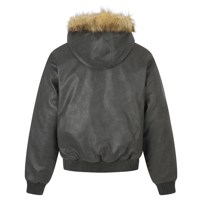 Punk Fur-Collar Studded PU Leather Hooded Bomber Jacket