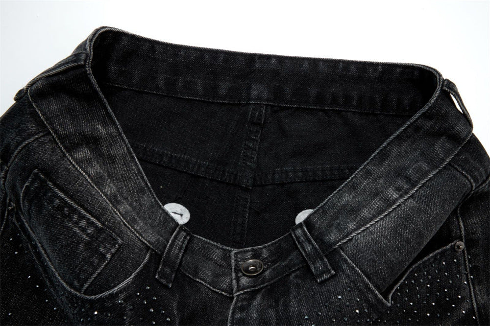 Men's Relaxed Fit Jeans – Washed Black Straight-Leg Rhinestone Star Denim