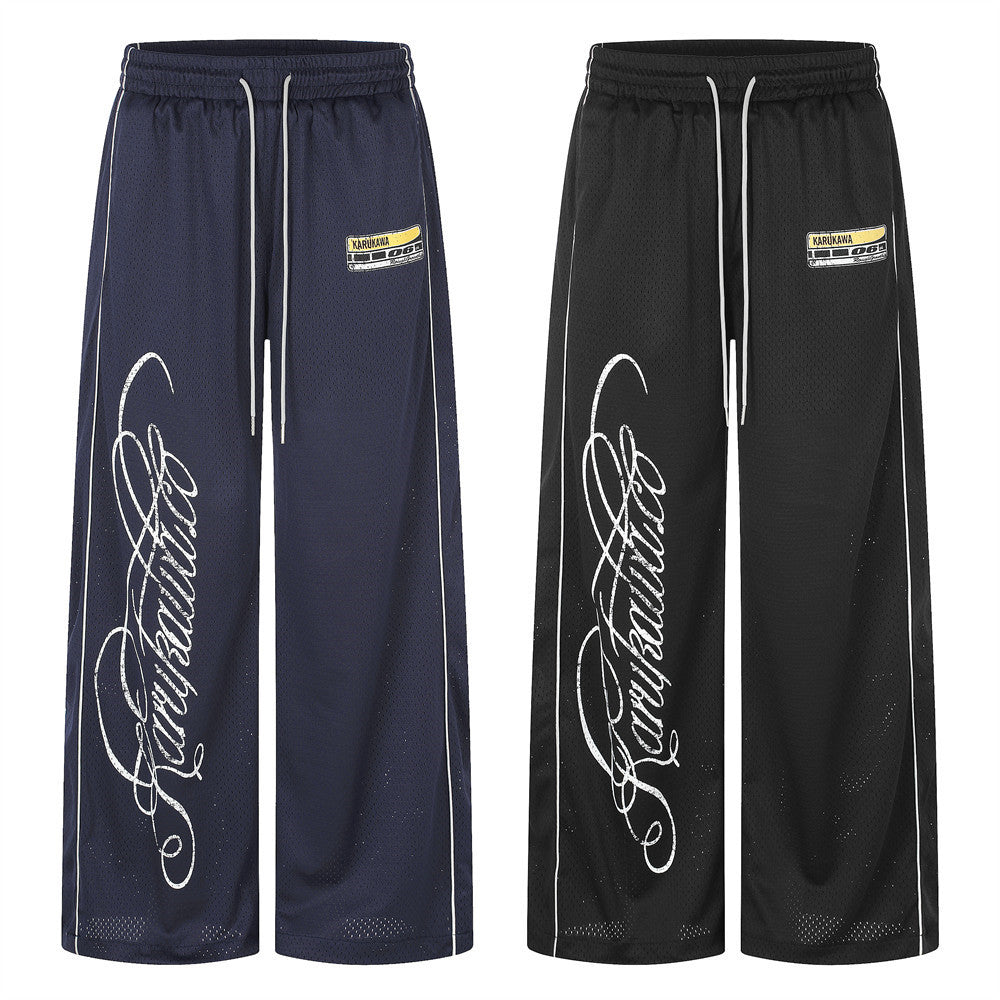 Herren-Meshhose mit weitem Bein und elastischem Bund – Script-Logo-Print, gerader Schnitt