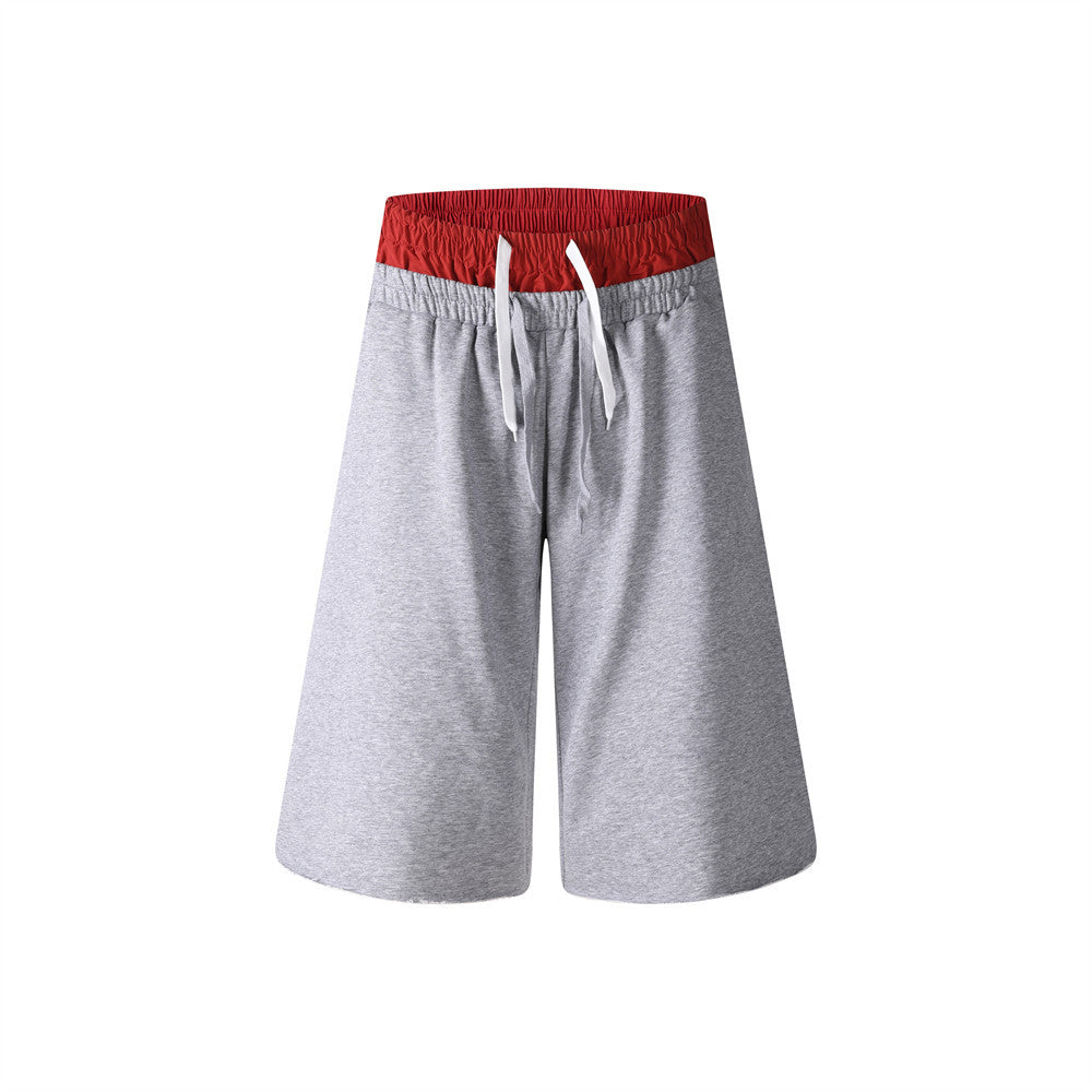 Men's Cross Graphic Colorblock Sweat Shorts – Faux Double-Waist Streetwear