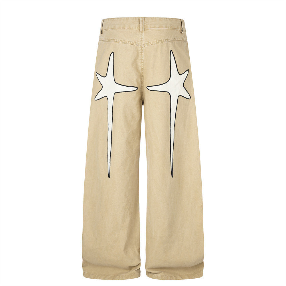 Wide-Leg Men's Pants with Star Embroidery & Cross Back Graphic – Relaxed