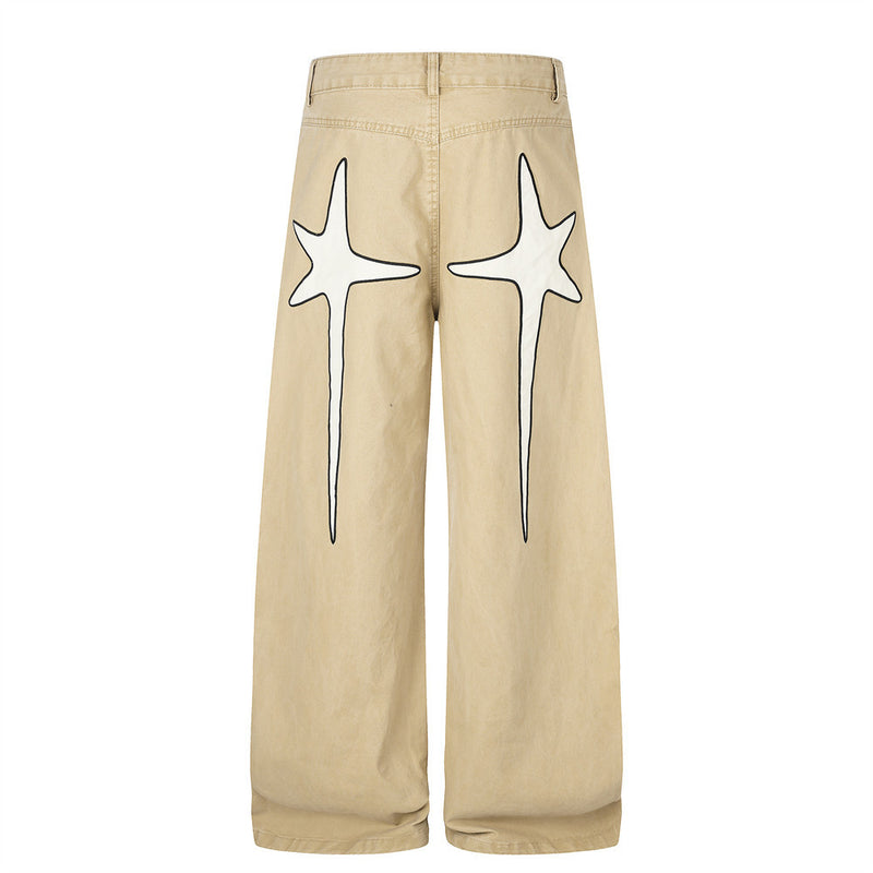 Wide-Leg Men's Pants with Star Embroidery & Cross Back Graphic – Relaxed