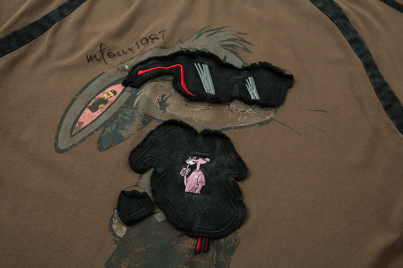 T-shirt graphique à manches longues – Imprimé écusson lapin streetwear, rayures et manches raglan