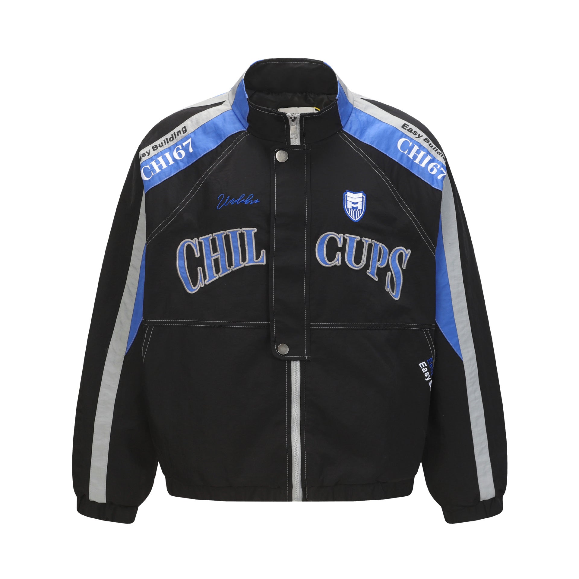 Blouson bomber de course brodé CHI67 Chil Cups, noir, avec empiècements color block bleu roi et argent et surpiqûres contrastantes