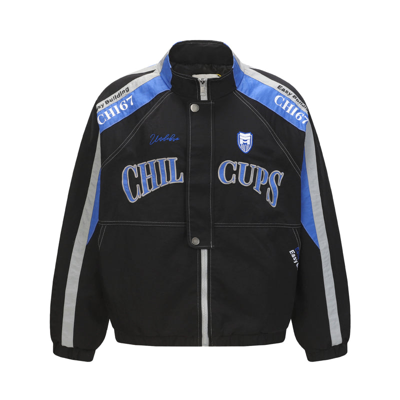 Blouson bomber de course brodé CHI67 Chil Cups, noir, avec empiècements color block bleu roi et argent et surpiqûres contrastantes
