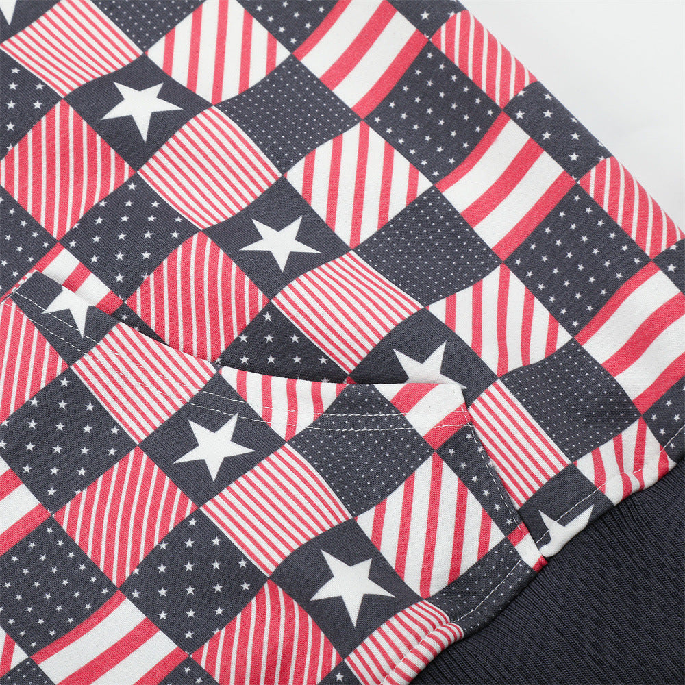 Checkerboard American Flag Print Zip-Up Hoodie Jacket – Oversized Stars &