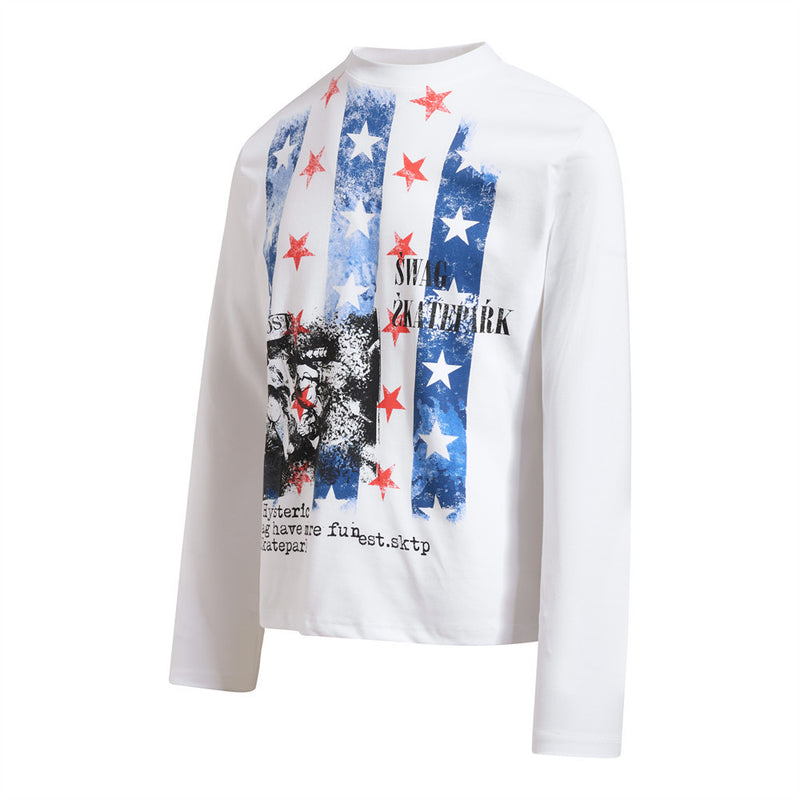 Men's Graphic Long Sleeve T-Shirt – Stars & Stripes Skatepark Print, Mock Neck