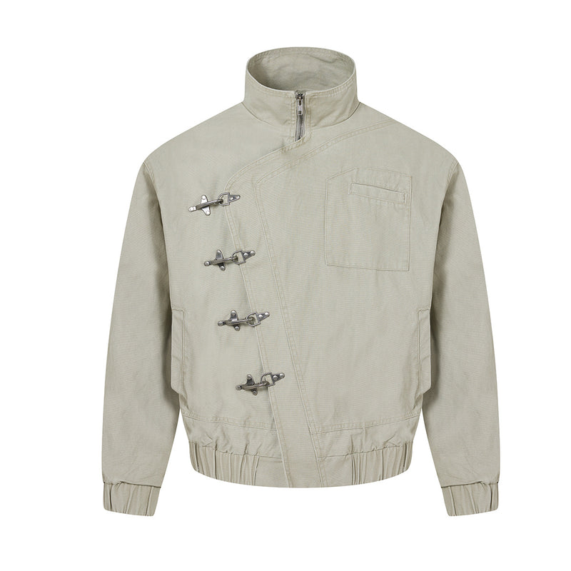 Metal Clasp Bomber Jacket – Washed Cotton Flight Jacket with Diagonal Buckle