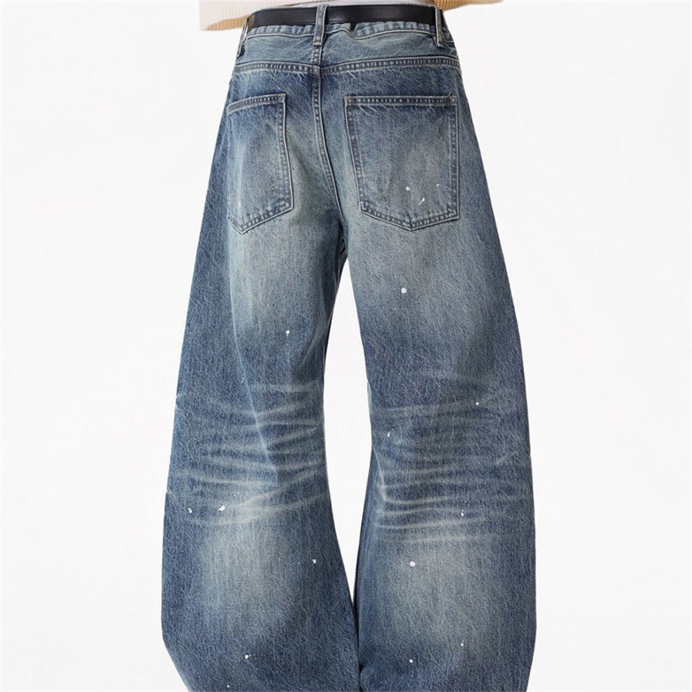 Wide-Leg Baggy Jeans – Vintage Wash, Paint Splatter & Distressed Hem