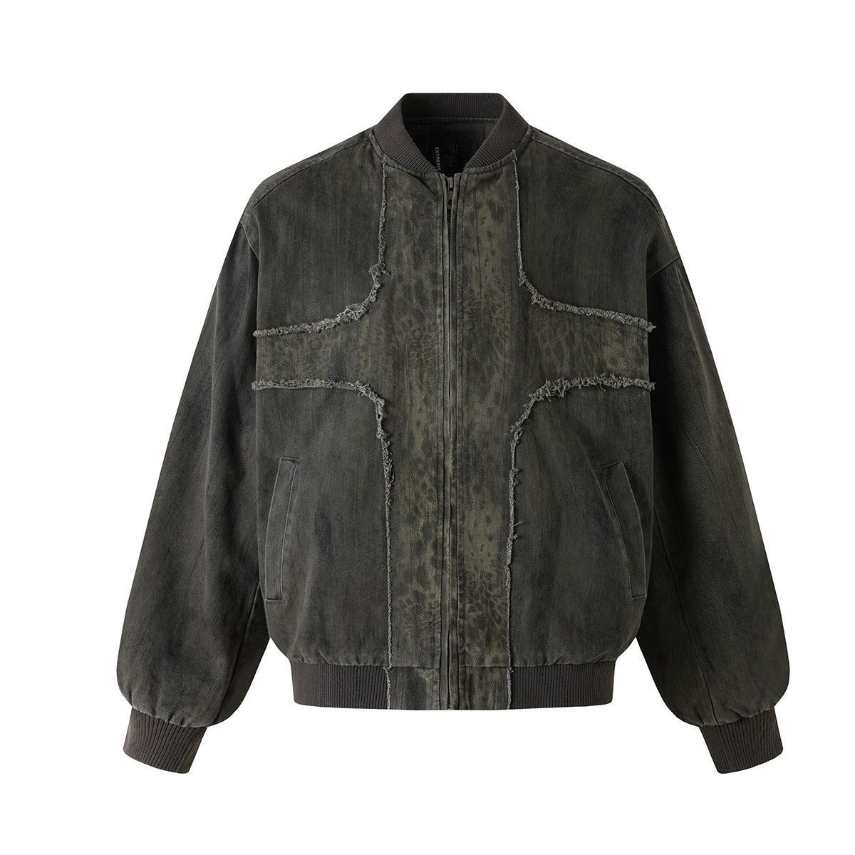 Veste bomber en jean délavé déconstruite à empiècement croisé et coutures effilochées
