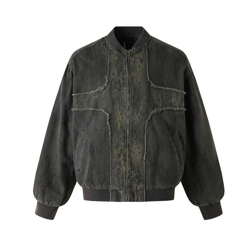 Veste bomber en jean délavé déconstruite à empiècement croisé et coutures effilochées