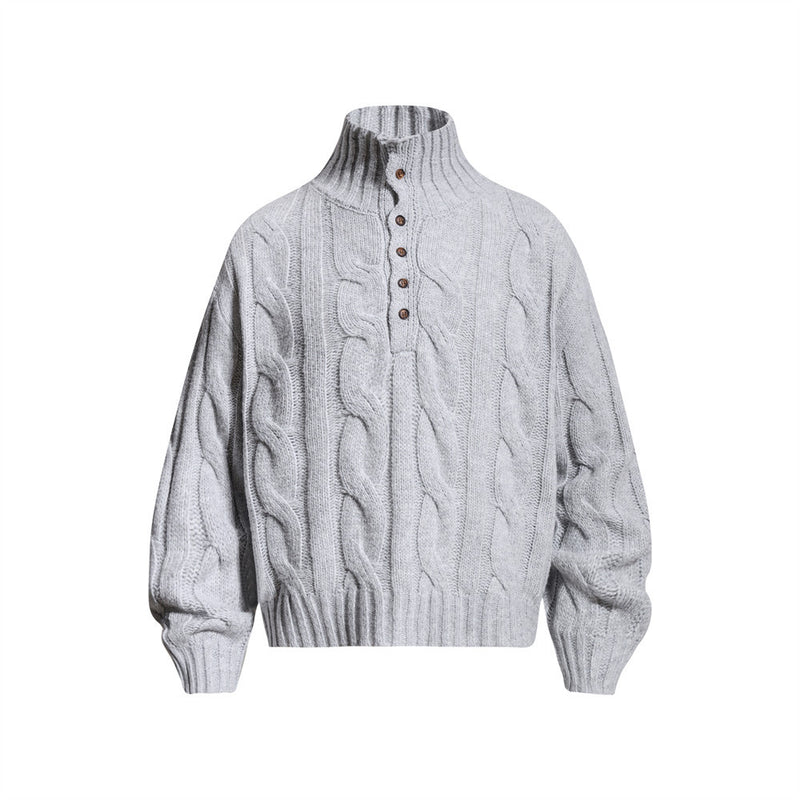 Pull homme en maille torsadée à col montant zippé – Pull oversize à patte boutonnée