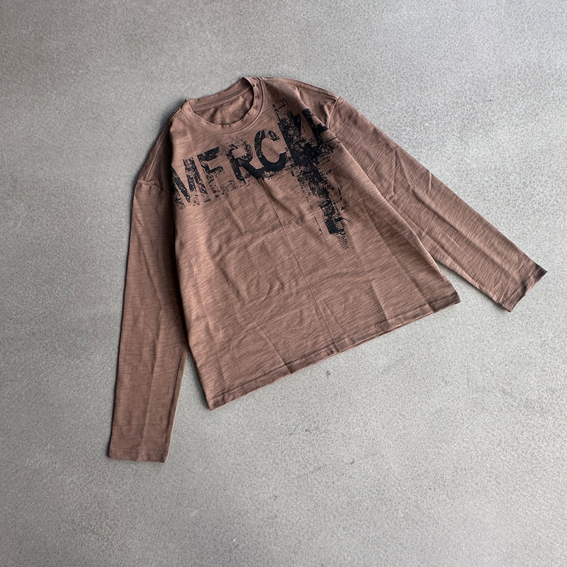 Long Sleeve Graffiti Cross Print Tee – Slub Cotton Crew Neck T-Shirt