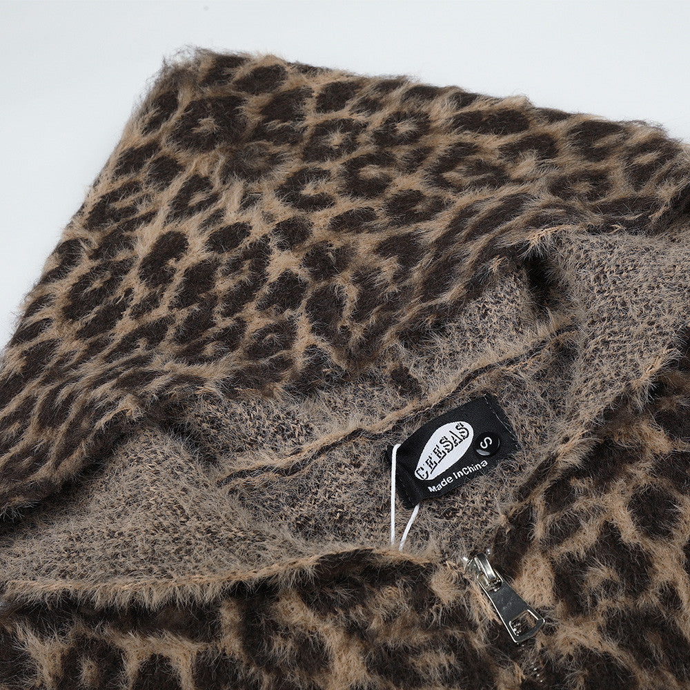 Gilet cardigan zippé intégral en maille duveteuse léopard – Coupe décontractée pour homme