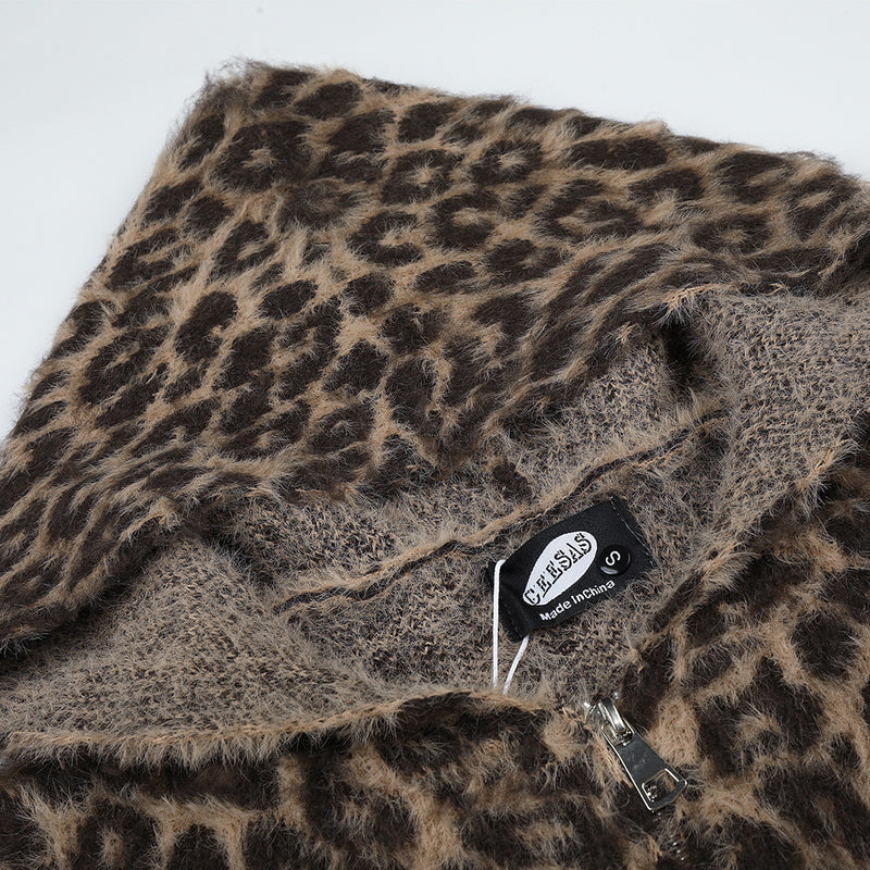 Gilet cardigan zippé intégral en maille duveteuse léopard – Coupe décontractée pour homme