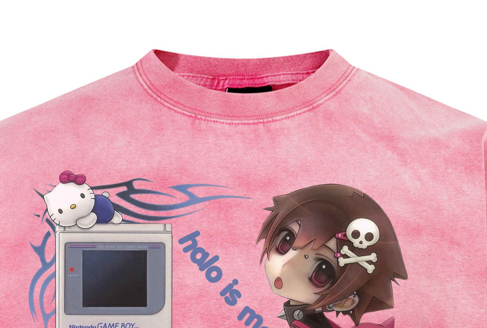 Anime Girl Graphic Acid Wash T-Shirt – Sanrio & Game Boy Print, Oversized Crew