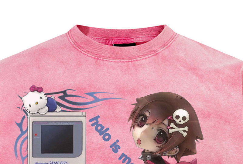 Anime Girl Graphic Acid Wash T-Shirt – Sanrio & Game Boy Print, Oversized Crew