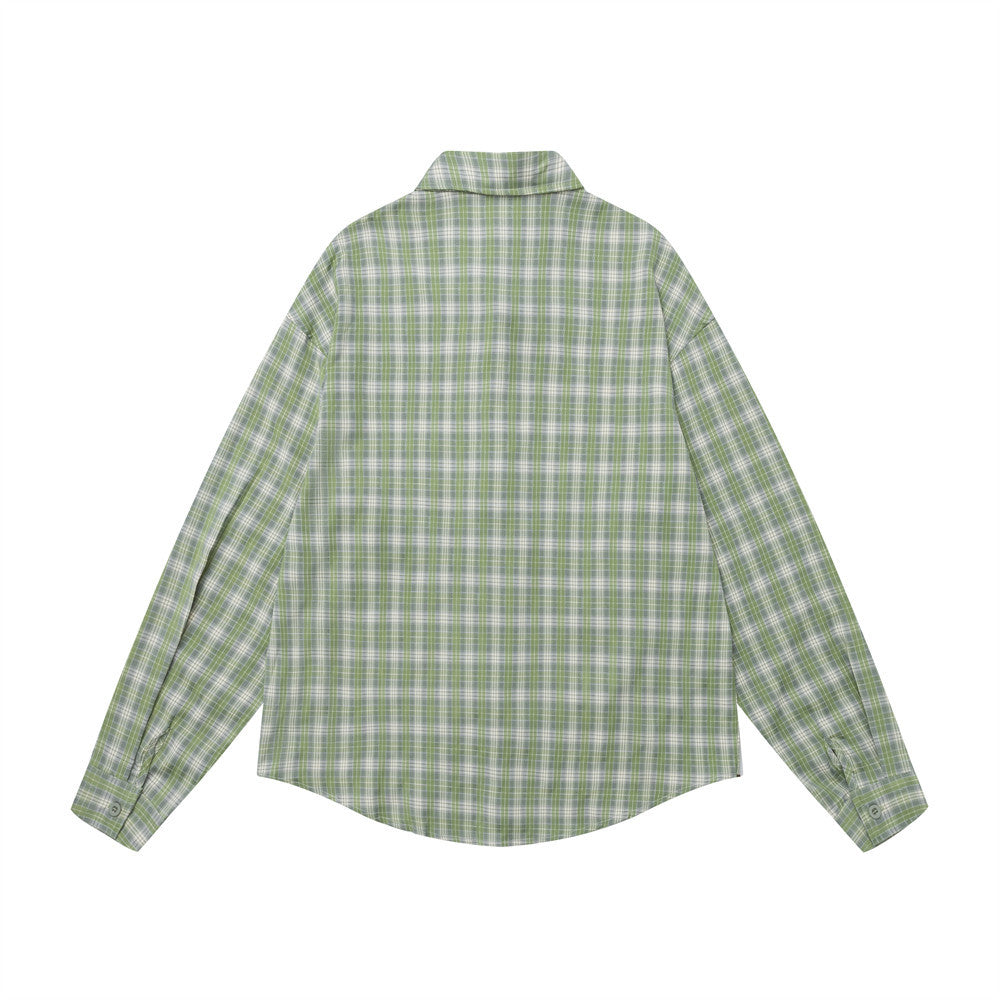 Grünes Karohemd für Herren mit Katzenstickerei – Oversized, Langarm, Button-down