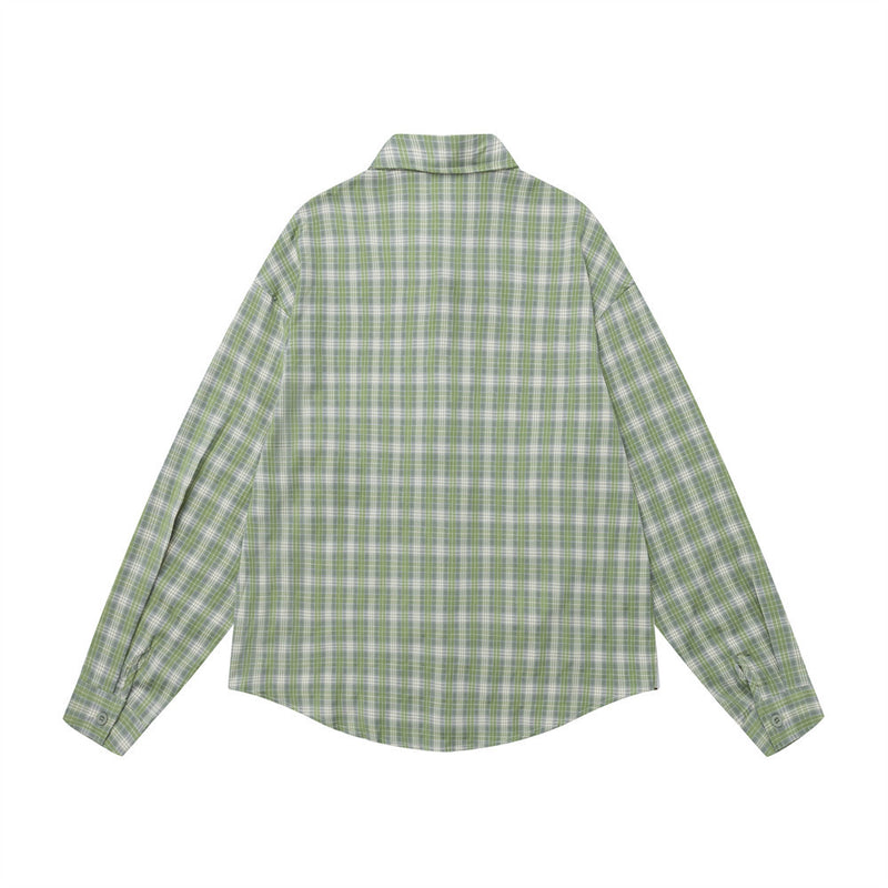 Grünes Karohemd für Herren mit Katzenstickerei – Oversized, Langarm, Button-down