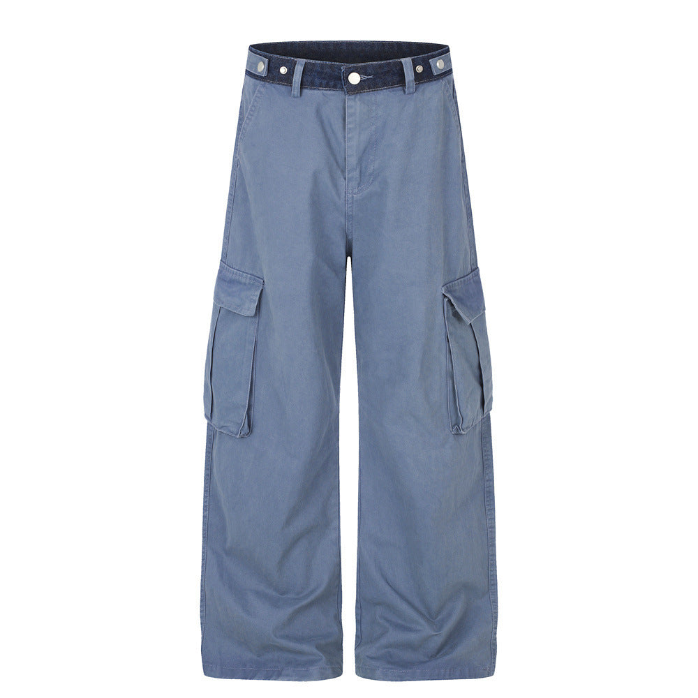 Herren-Cargohose in Khaki mit weitem, geradem Bein und kontrastierendem Denim-Bund