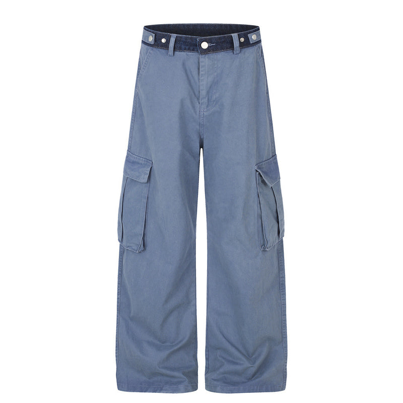 Herren-Cargohose in Khaki mit weitem, geradem Bein und kontrastierendem Denim-Bund