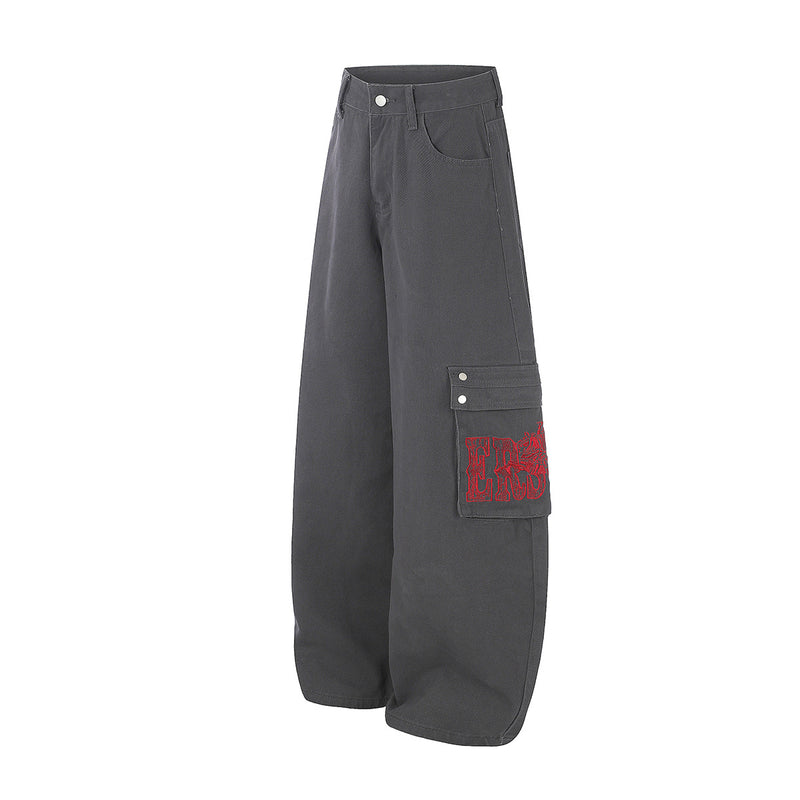 Baggy Cargo Pants Wide Leg Embroidered Letter Workwear Trousers