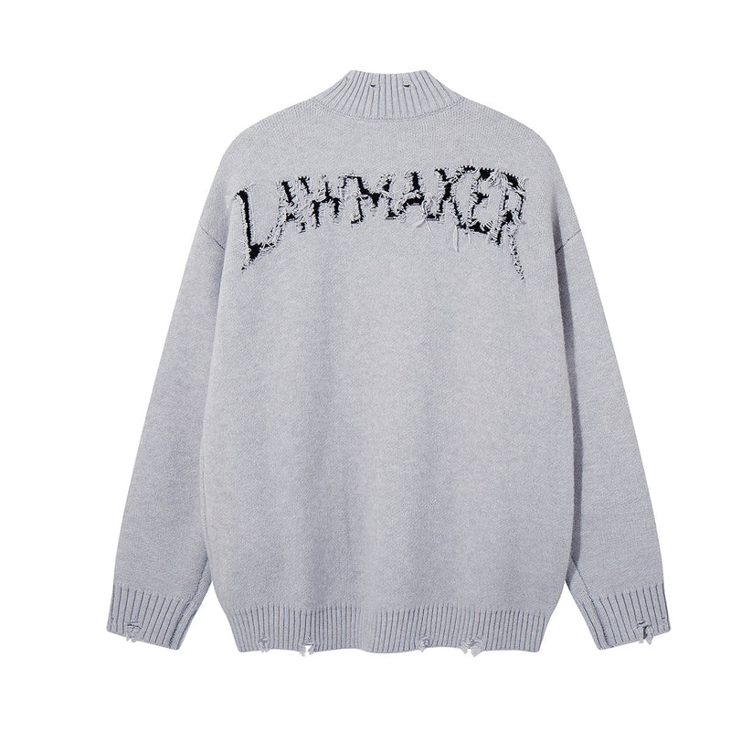 Dark Cross Knit Zip-Up Cardigan Sweater with Distressed Hem