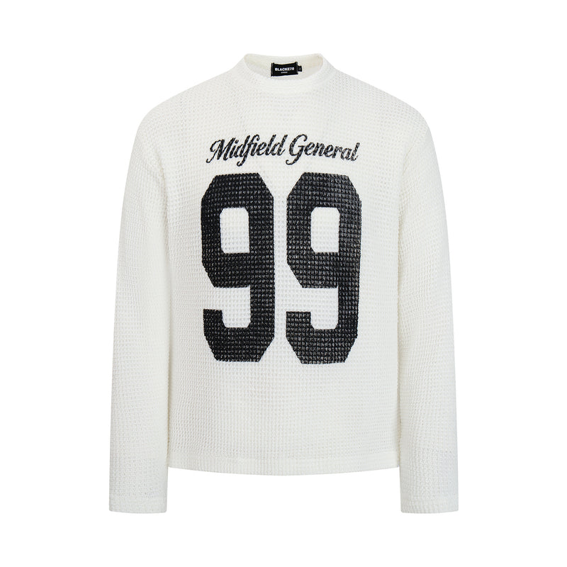 Midfield General 99 ワッフルニット長袖シャツ｜バーシティグラフィックトップス