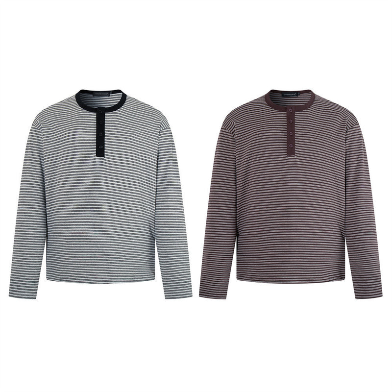 Men's Striped Henley Long-Sleeve Shirt – Relaxed Fit Button-Placket Top