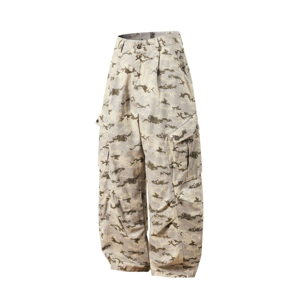 Angled front view of desert camo cargo pants with side cargo pocket