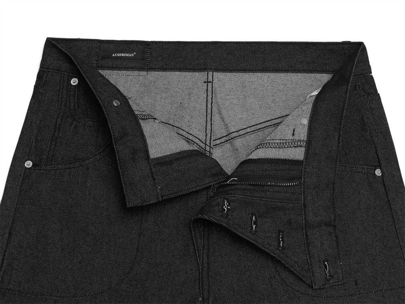Wide-Leg-Jeans aus Raw-Black-Denim mit diagonalem Knopfverschluss