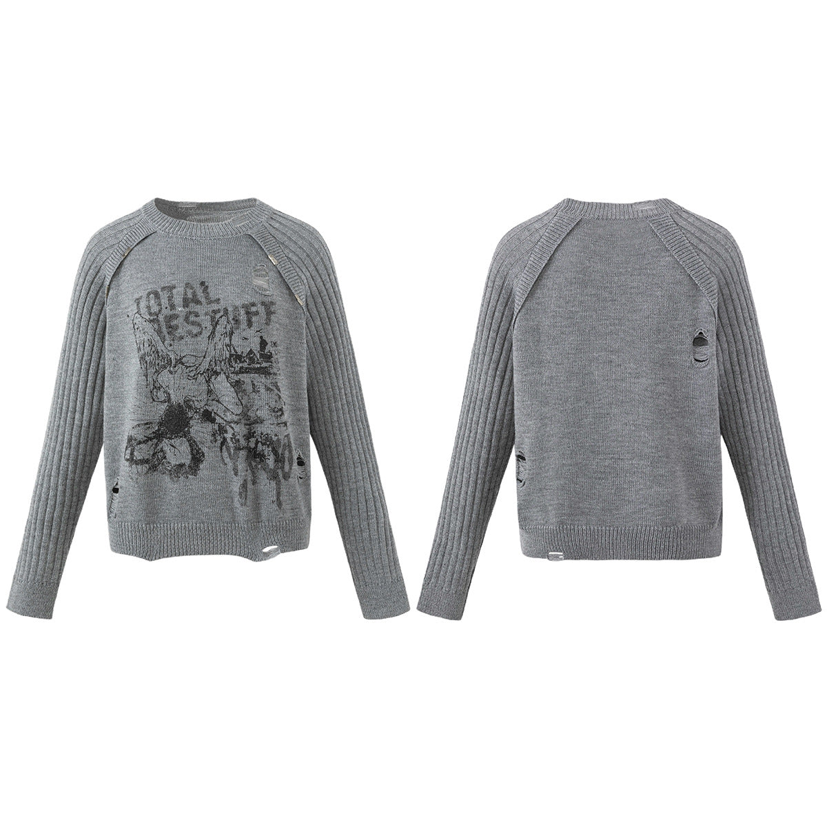 Grey distressed graphic knit sweater with raglan ribbed sleeves and angel ink print on chest, front and back view