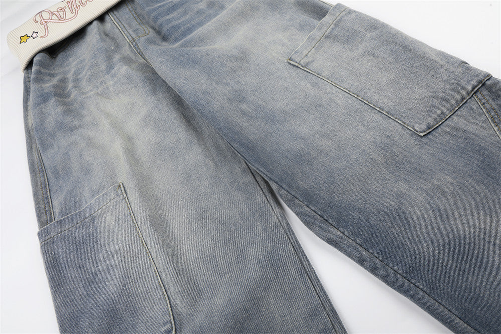 Vaqueros cargo de pierna ancha para hombre: denim lavado con cintura de punto y bolsillos laterales