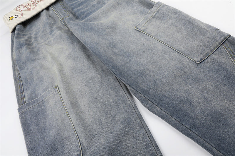 Vaqueros cargo de pierna ancha para hombre: denim lavado con cintura de punto y bolsillos laterales